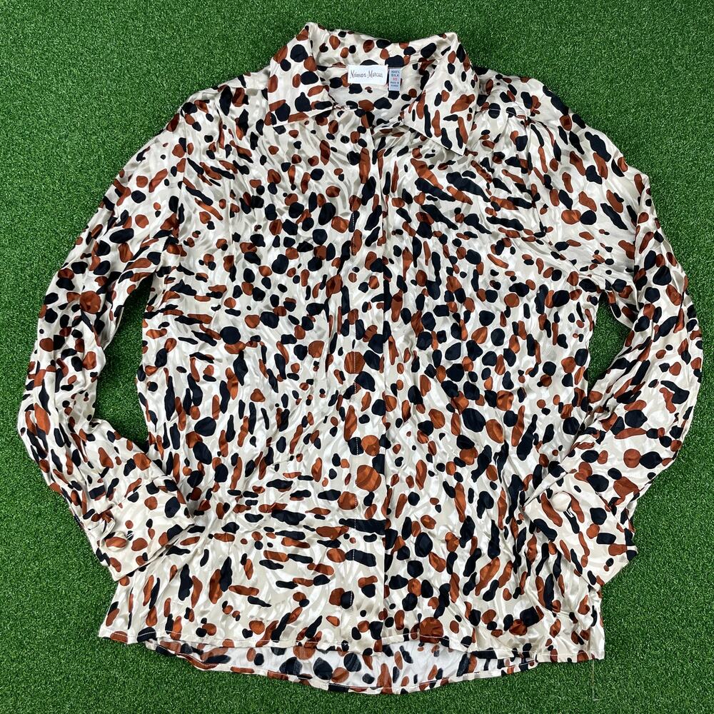 Vintage Neiman Marcus Animal Print Long Sleeve Silk Button Up Shirt Sz 10